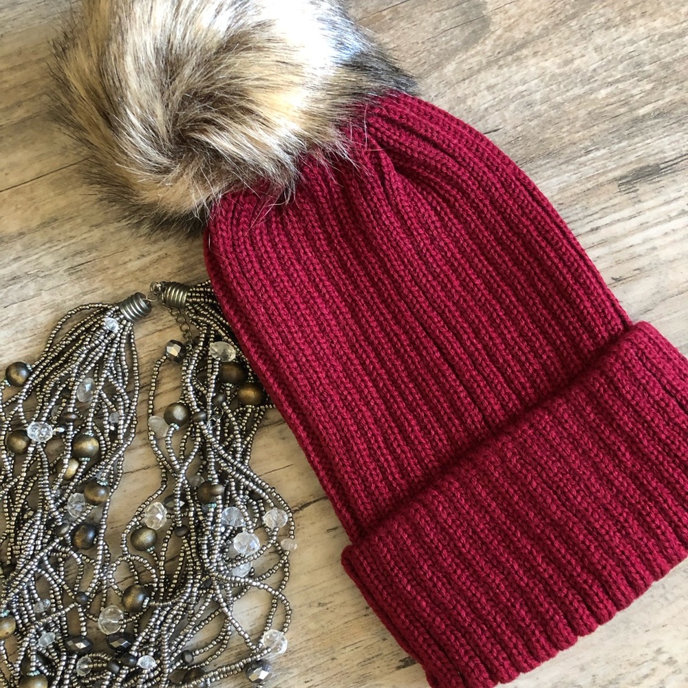 Knit Beanie with Fur Pom